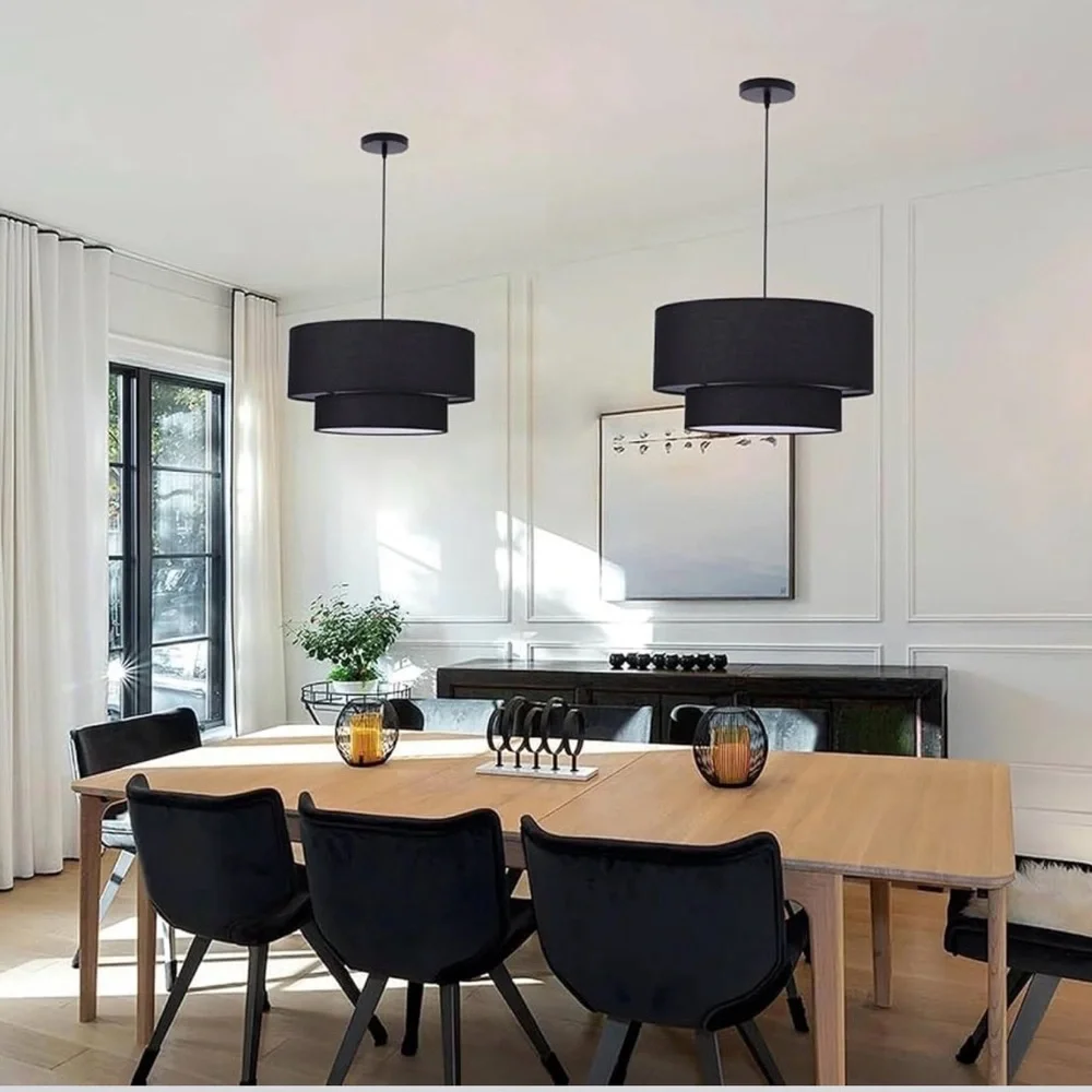 (NEW) 1 MINIMALIST Black Linen Light 18”x10” Modern Chandelier Fixture LIGHTING